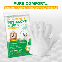 Hypoallergenic Pet Glove Wipes - 360° Deep Cleaning Grooming Gloves for Dogs, Cats & Small Animals - 100% All-Natural Ingredients w/ Aloe, Coconut Oil & Oatmeal - Rinse-Free & Fragrance-Free - 10 Pack