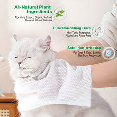 Hypoallergenic Pet Glove Wipes - 360° Deep Cleaning Grooming Gloves for Dogs, Cats & Small Animals - 100% All-Natural Ingredients w/ Aloe, Coconut Oil & Oatmeal - Rinse-Free & Fragrance-Free - 10 Pack