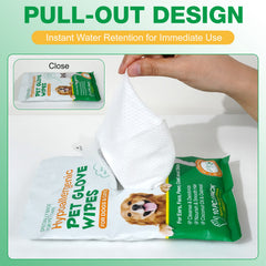 Hypoallergenic Pet Glove Wipes - 360° Deep Cleaning Grooming Gloves for Dogs, Cats & Small Animals - 100% All-Natural Ingredients w/ Aloe, Coconut Oil & Oatmeal - Rinse-Free & Fragrance-Free - 10 Pack