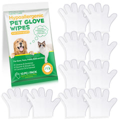 Hypoallergenic Pet Glove Wipes - 360° Deep Cleaning Grooming Gloves for Dogs, Cats & Small Animals - 100% All-Natural Ingredients w/ Aloe, Coconut Oil & Oatmeal - Rinse-Free & Fragrance-Free - 10 Pack