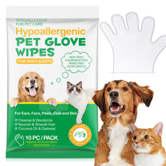 Hypoallergenic Pet Glove Wipes - 360° Deep Cleaning Grooming Gloves for Dogs, Cats & Small Animals - 100% All-Natural Ingredients w/ Aloe, Coconut Oil & Oatmeal - Rinse-Free & Fragrance-Free - 10 Pack