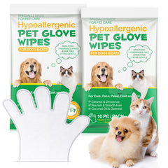 Hypoallergenic Pet Glove Wipes - 360° Deep Cleaning Grooming Gloves for Dogs, Cats & Small Animals - 100% All-Natural Ingredients w/ Aloe, Coconut Oil & Oatmeal - Rinse-Free & Fragrance-Free - 10 Pack