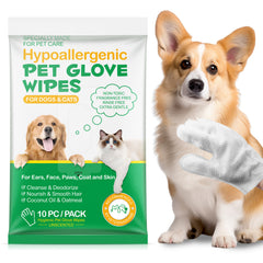 Hypoallergenic Pet Glove Wipes - 360° Deep Cleaning Grooming Gloves for Dogs, Cats & Small Animals - 100% All-Natural Ingredients w/ Aloe, Coconut Oil & Oatmeal - Rinse-Free & Fragrance-Free - 10 Pack