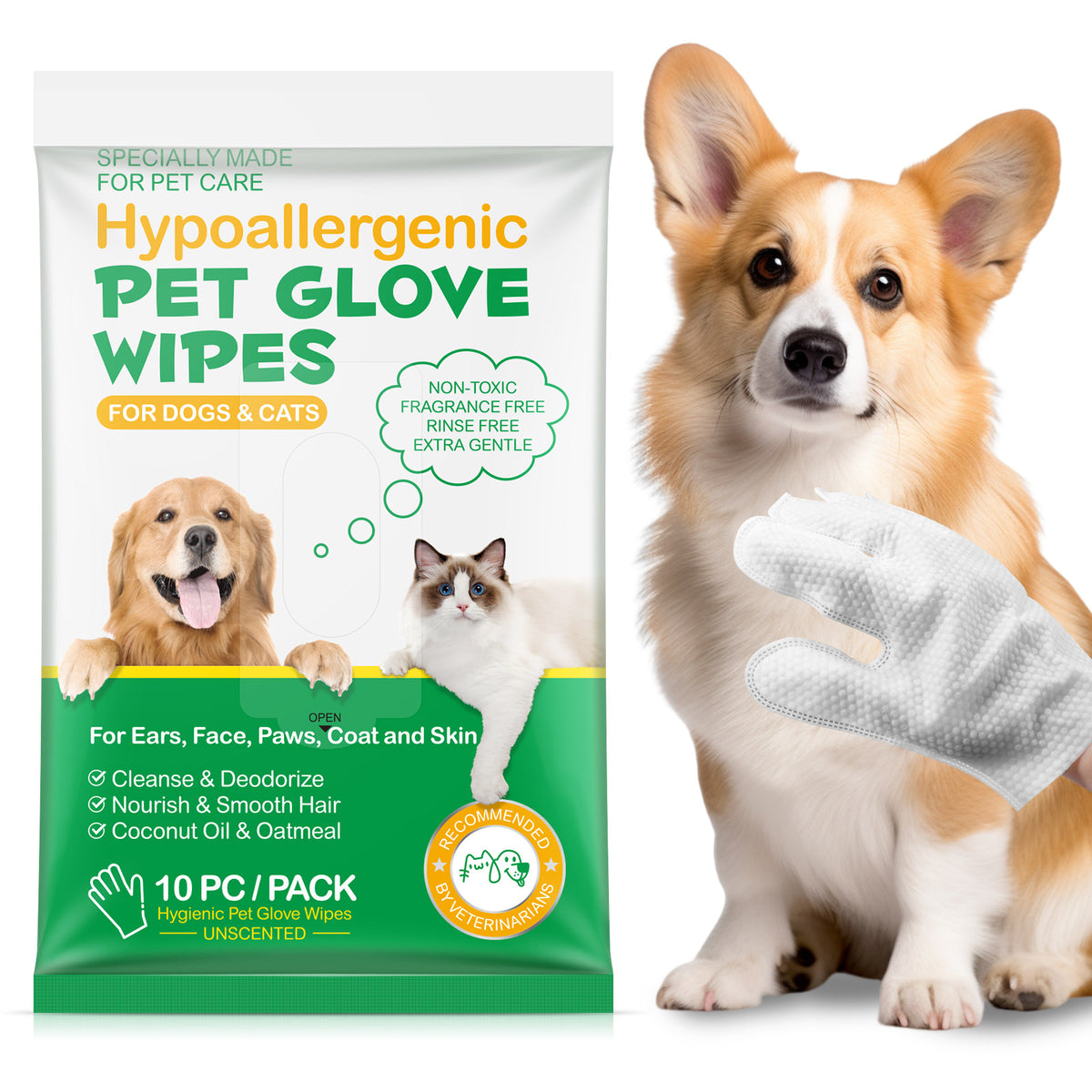 Hypoallergenic Pet Glove Wipes - 360° Deep Cleaning Grooming Gloves for Dogs, Cats & Small Animals - 100% All-Natural Ingredients w/ Aloe, Coconut Oil & Oatmeal - Rinse-Free & Fragrance-Free - 10 Pack